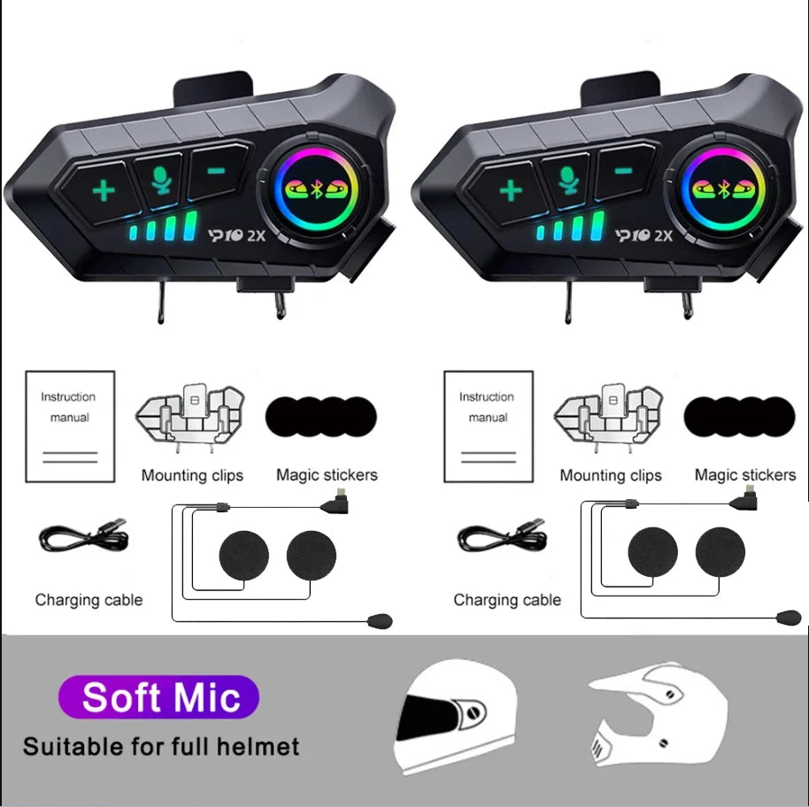Kebidumei YP10 2X Wireless Bluetooth5.3 Motorcycle Helmet Intercom Headset Waterproof 300 m Intercomunicador Speaker Earphone