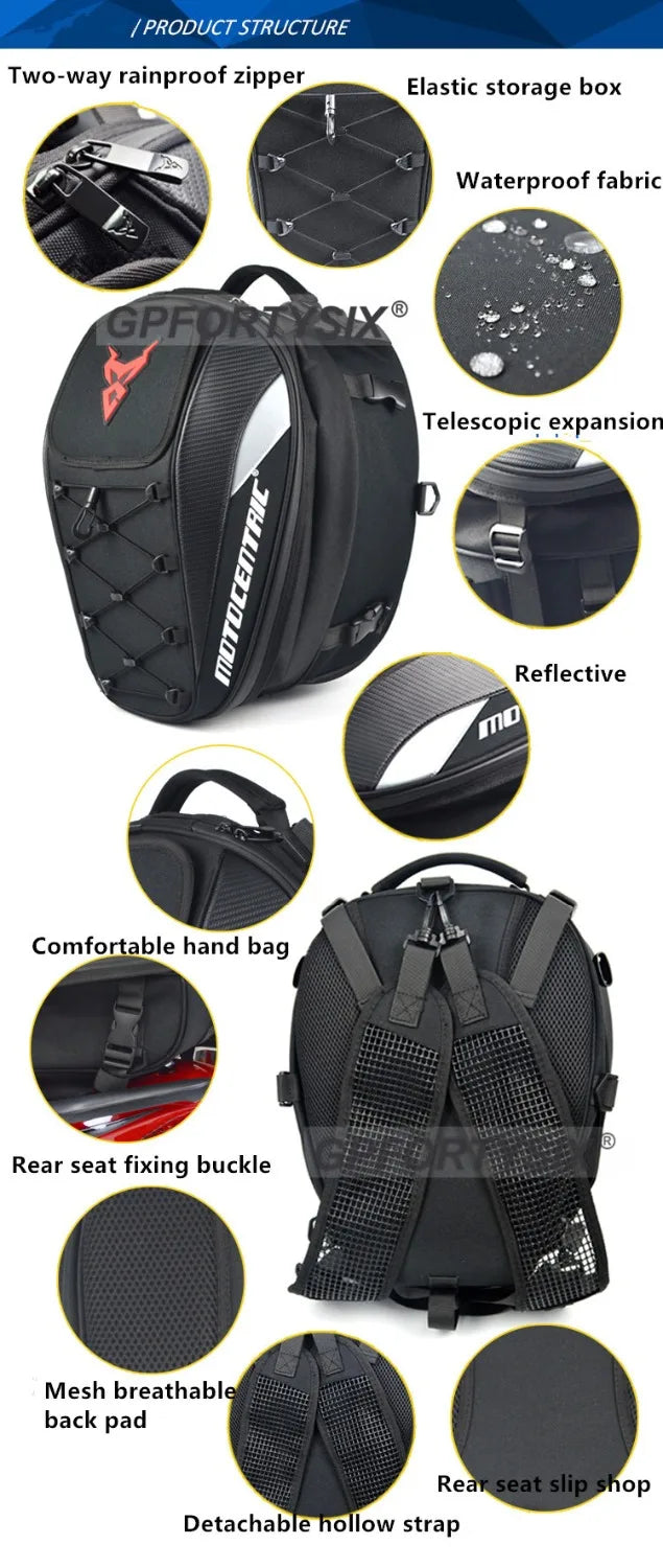 MOTOCENTRIC Motorcycle Back Seat Bags Waterproof Tail Bag Rear Seat Bag Multifunctional Motorbike Helmet Bag Moto Rider Backpack