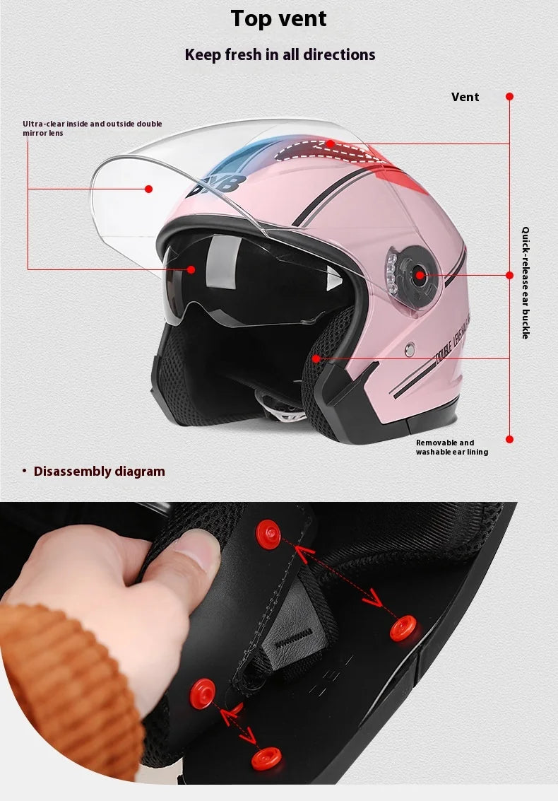 Motorcycle Open Face Helmet For Men And Women Dual Lens Sun Visor Face Shield Top Lightweight Scooter Bike Retro 3/4 Helmet