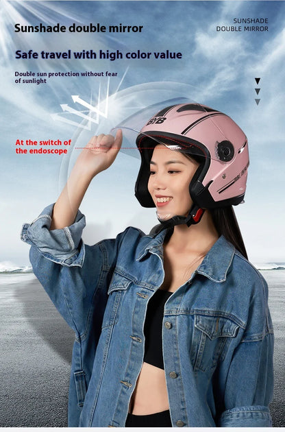 Motorcycle Open Face Helmet For Men And Women Dual Lens Sun Visor Face Shield Top Lightweight Scooter Bike Retro 3/4 Helmet