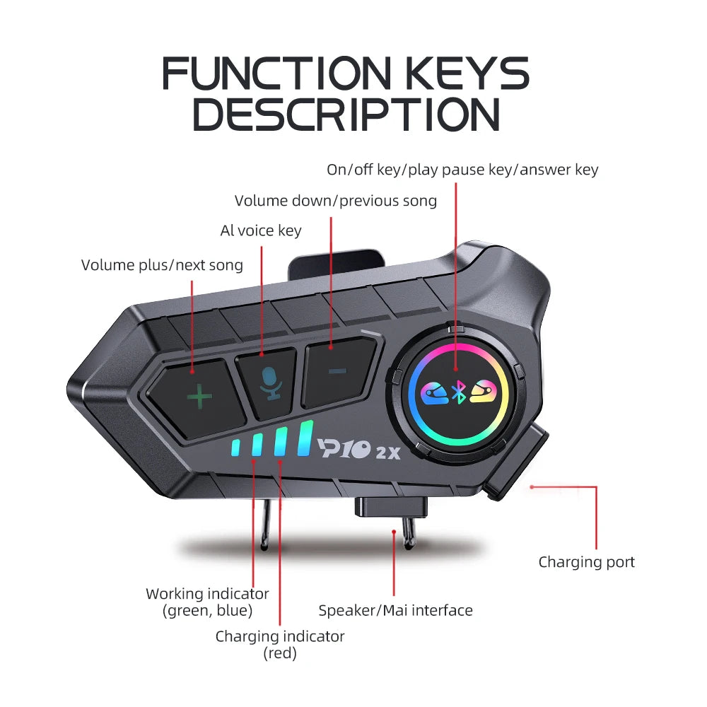 Kebidumei YP10 2X Wireless Bluetooth5.3 Motorcycle Helmet Intercom Headset Waterproof 300 m Intercomunicador Speaker Earphone