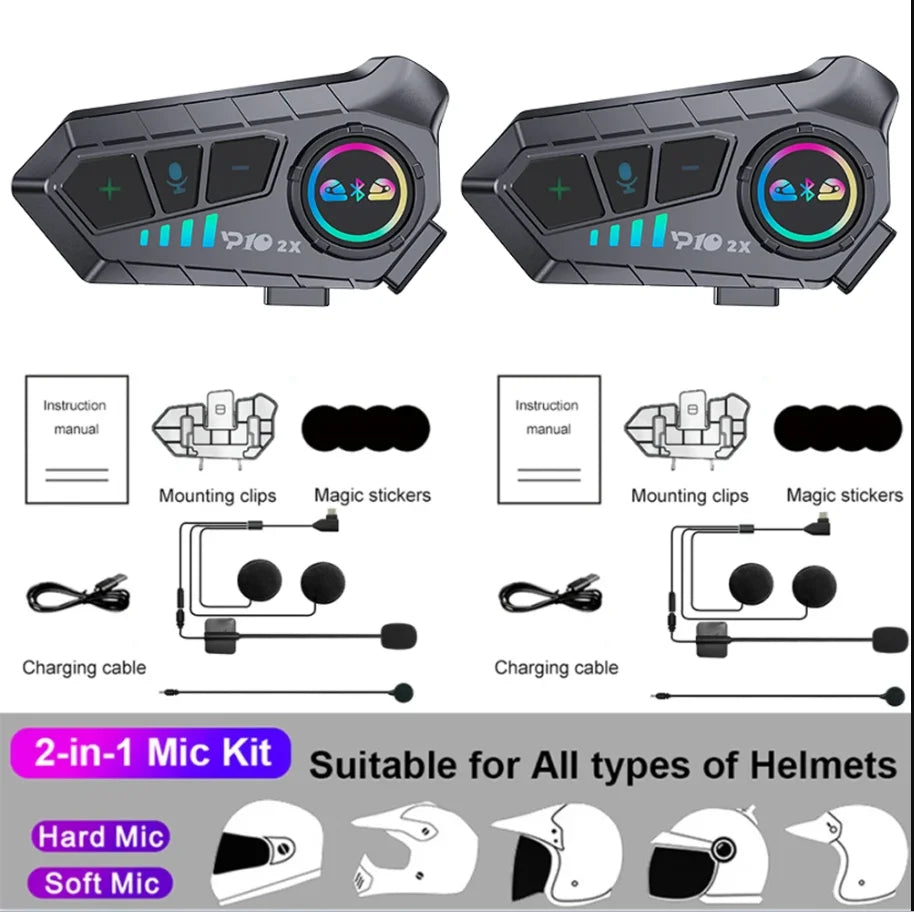 Kebidumei YP10 2X Wireless Bluetooth5.3 Motorcycle Helmet Intercom Headset Waterproof 300 m Intercomunicador Speaker Earphone