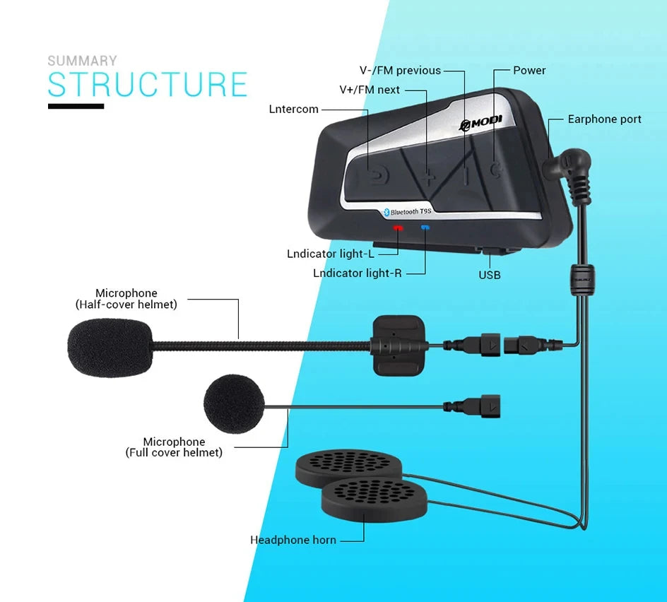 Waterproof Motorcycle Intercom Helmet Headset Helmet Speaker Interphone Moto Headset Wireless Intercomunicador 1200M