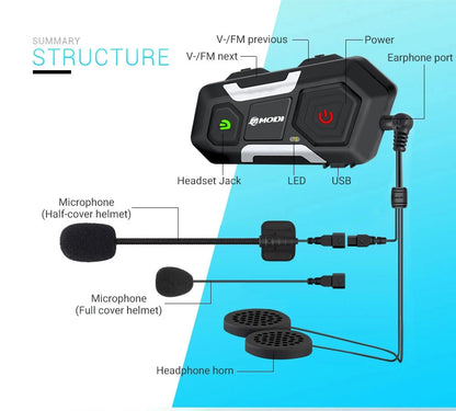 Waterproof Motorcycle Intercom Helmet Headset Helmet Speaker Interphone Moto Headset Wireless Intercomunicador 1200M