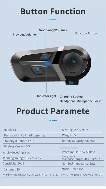 Bluetooth 5.3 Helmet Headset Wireless Hands-free Call Phone Kit Motorcycle Waterproof Earphone Music Player Speaker Moto