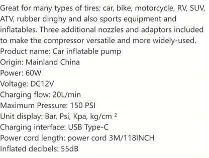 Air Compressor Air Pump For Car Portable Tyre Inflator Electric Motorcycle Pump Air Compressor For Car Motorcycles Bicycles